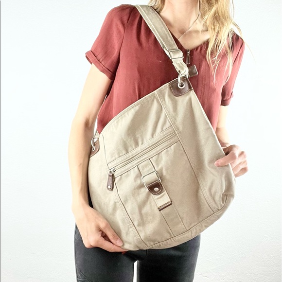 👜 Tan & Brown Faux Leather Trim Adjustable Strap Crossbody Purse Bag - Picture 10 of 10